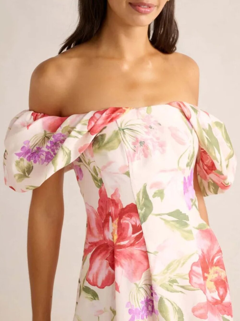 EVERNEW Janie Floral Off Shoulder Puff Sleeve Midi Dress - Size 4 - Picture 3 of 6